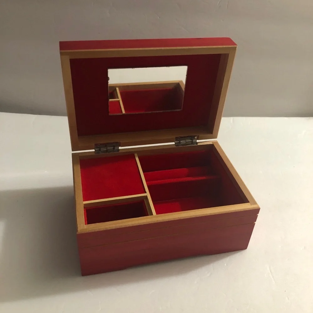 Vintage Red Wooden Jewelry Music Box with Mirror